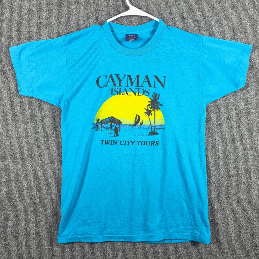 Vintage 80s Shirt Mens Large Sneakers Cayman Islands‎ Single Stitch USA Blue Tee